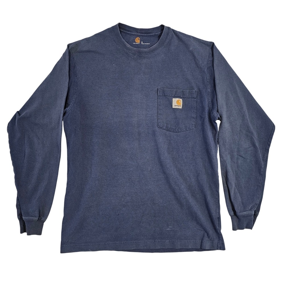 Carhartt Mens Long Sleeve Pocket T-Shirt Navy Blue Small Heavyweight Cotton Tee